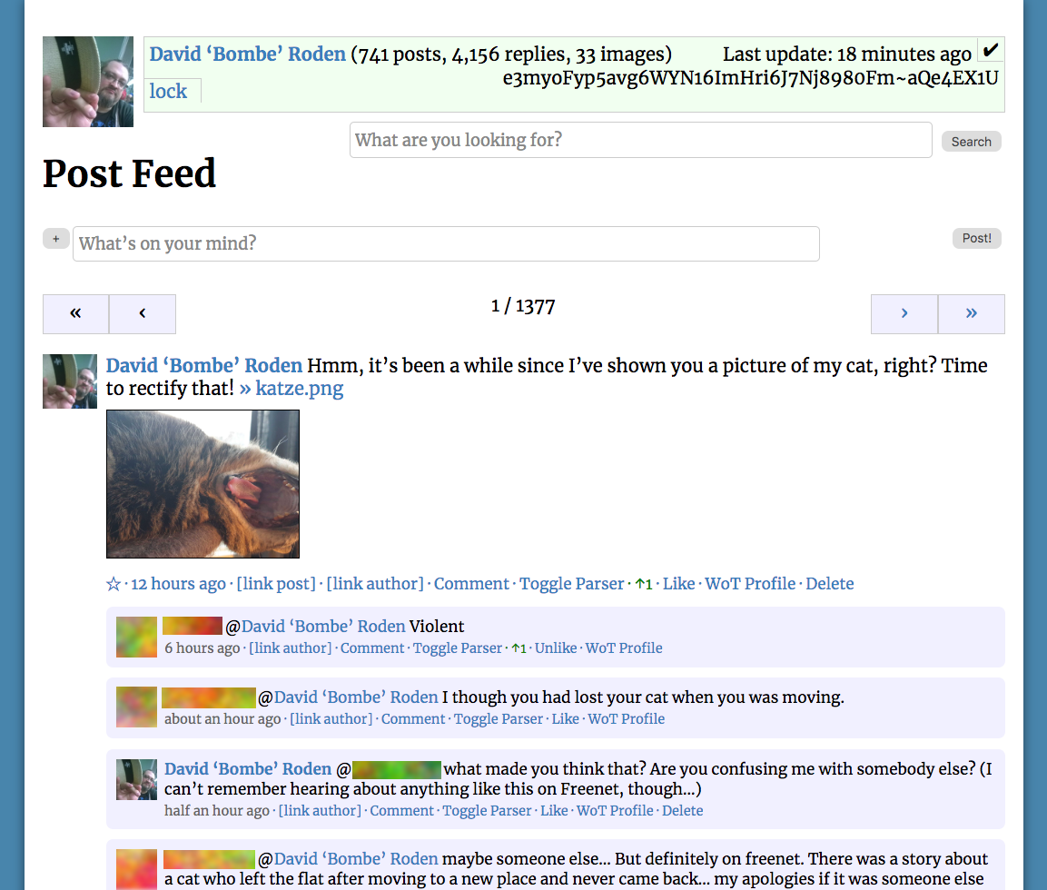 Screenshot of Sone, showing a picture of a yawning cat and a conversation between three people.
